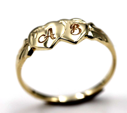 Size O Solid New 9ct 9Kt Yellow, Rose or White Gold Double Heart Signet Ring plus Engraving