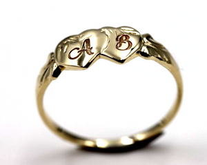 Size O Solid New 9ct 9Kt Yellow, Rose or White Gold Double Heart Signet Ring plus Engraving