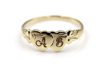 Size O Solid New 9ct 9Kt Yellow, Rose or White Gold Double Heart Signet Ring plus Engraving