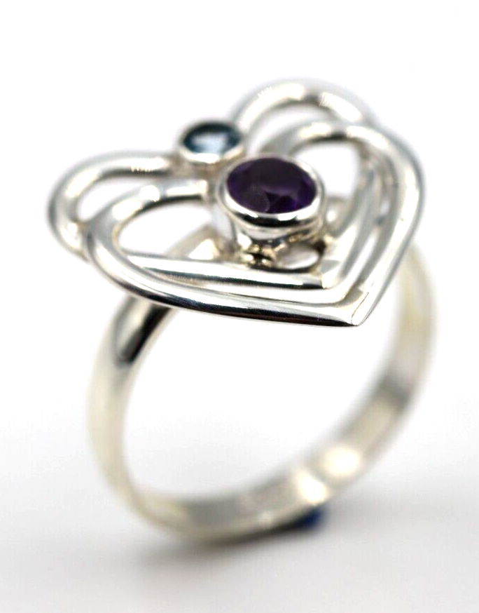 Size Q Sterling Silver Purple Amethyst +Blue Topaz Double Heart Ring