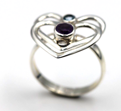 Size Q Sterling Silver Purple Amethyst +Blue Topaz Double Heart Ring