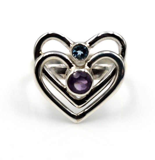 Size Q Sterling Silver Purple Amethyst +Blue Topaz Double Heart Ring