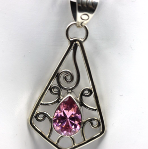 Sterling Silver 925 Pink Sapphire Swirl Pendant + 55cm Heavy Curb Chain