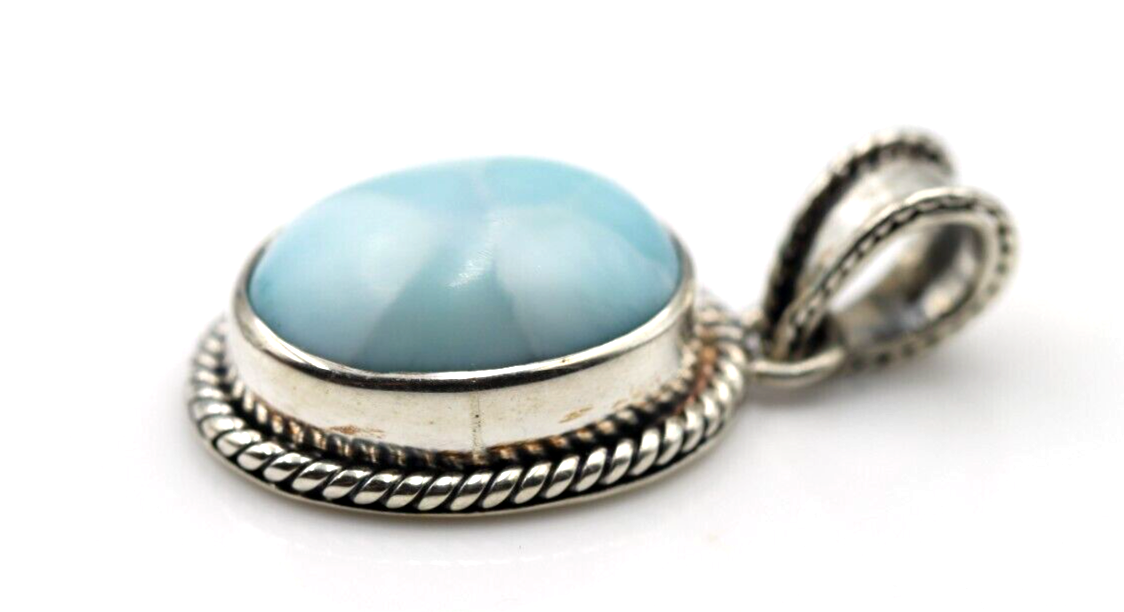 Sterling Silver Solid Oval Cabochon Larimar Blue Cabochon Pendant