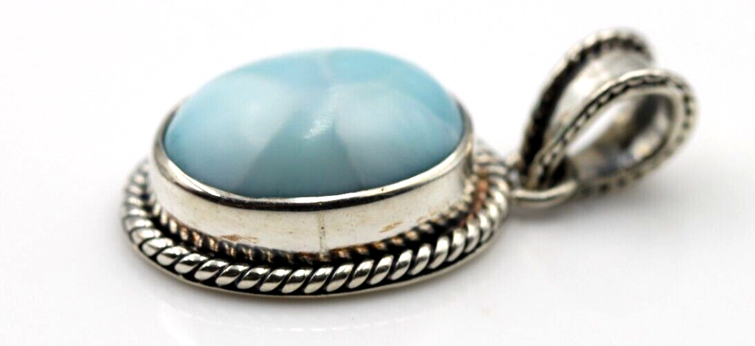 Sterling Silver Solid Oval Cabochon Larimar Blue Cabochon Pendant