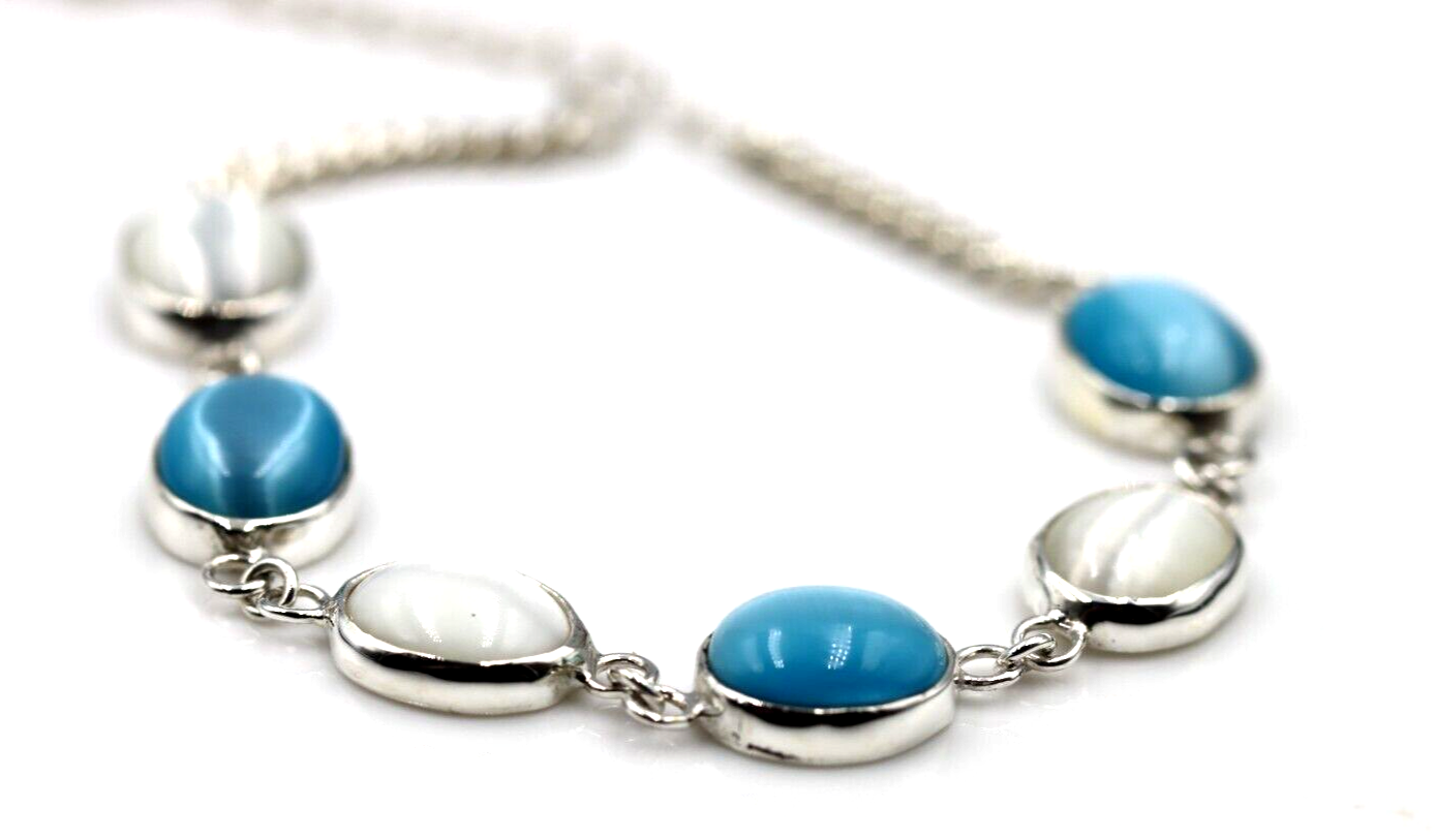 Genuine Sterling Silver 925 Blue + White  Cat's Eye Oval Bracelet