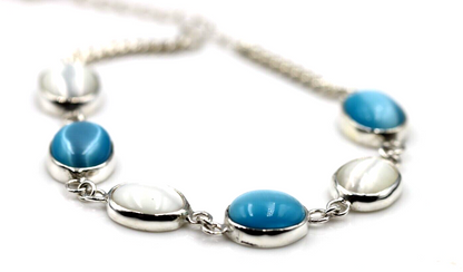 Genuine Sterling Silver 925 Blue + White  Cat's Eye Oval Bracelet