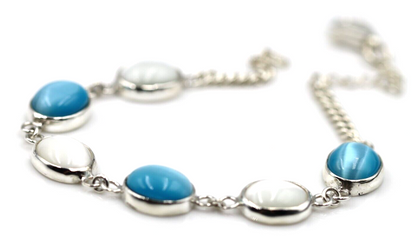 Genuine Sterling Silver 925 Blue + White  Cat's Eye Oval Bracelet