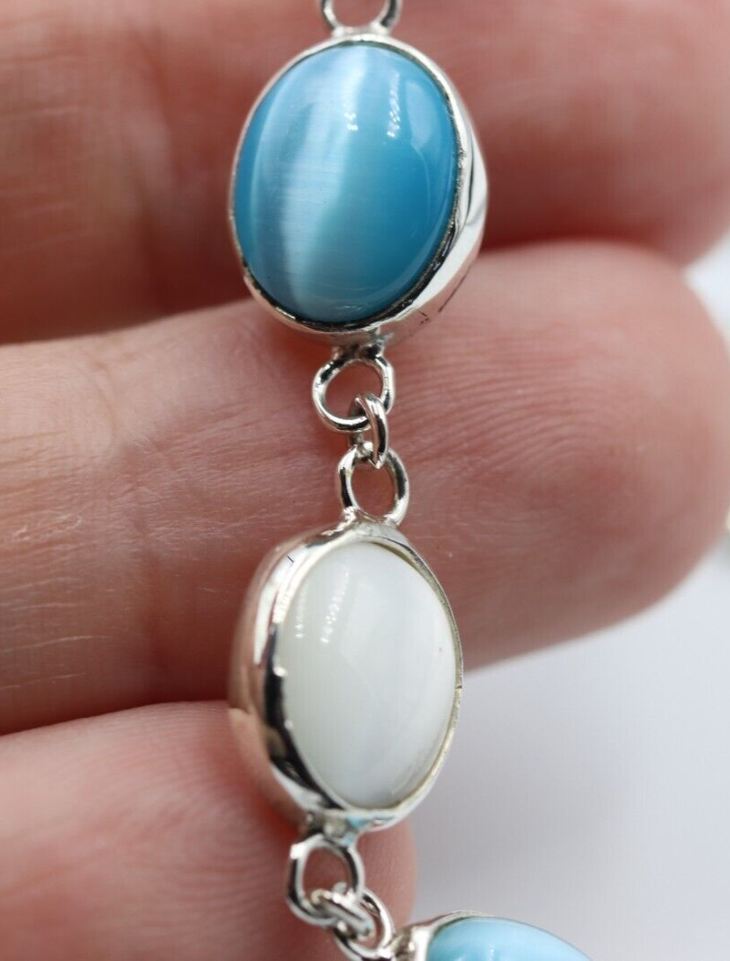 Genuine Sterling Silver 925 Blue + White  Cat's Eye Oval Bracelet