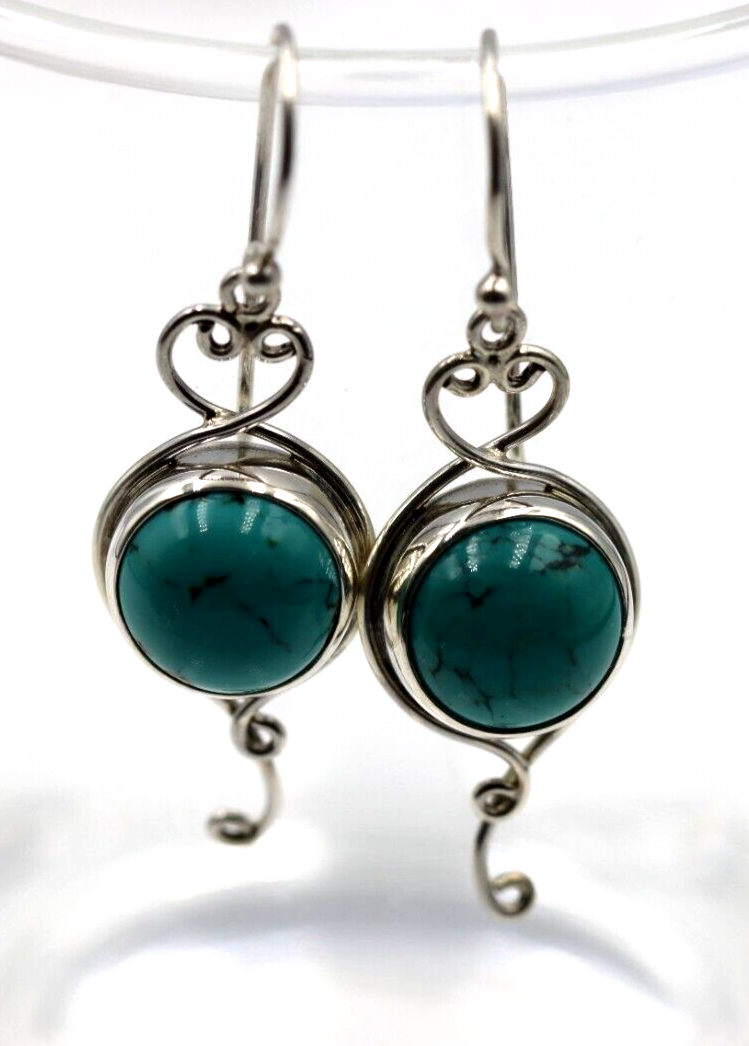 Genuine Sterling Silver 925 Turquoise Half Ball Heart Hook Earrings