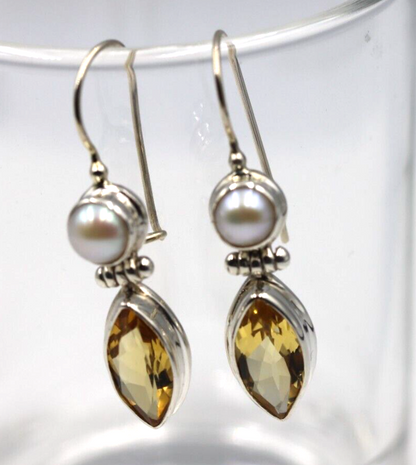 Genuine Sterling Silver Round Freshwater Pearl + Citrine Teardrop Hook Earrings