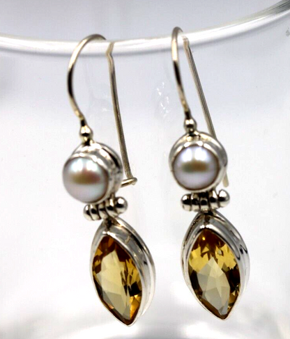 Genuine Sterling Silver Round Freshwater Pearl + Citrine Teardrop Hook Earrings