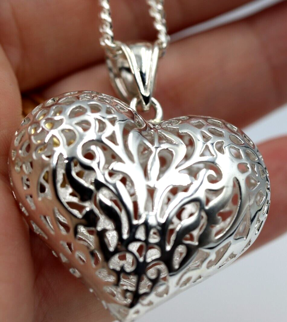 Sterling Silver 925 50cm Necklace & Large Filigree Heart Pendant