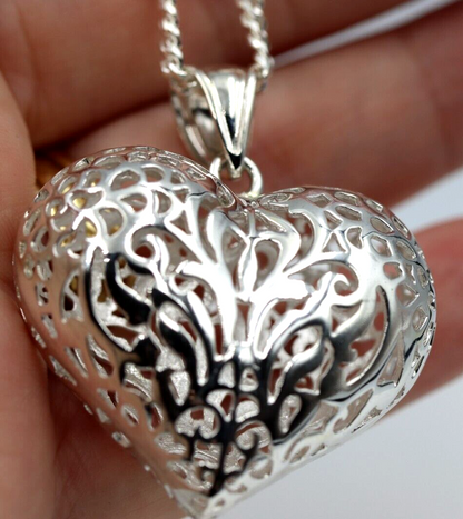 Sterling Silver 50cm Necklace & Large Filigree Heart Pendant