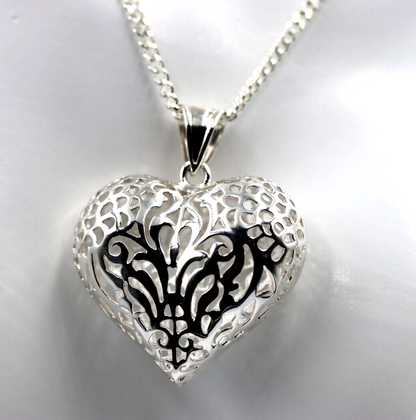 Sterling Silver 50cm Necklace & Large Filigree Heart Pendant