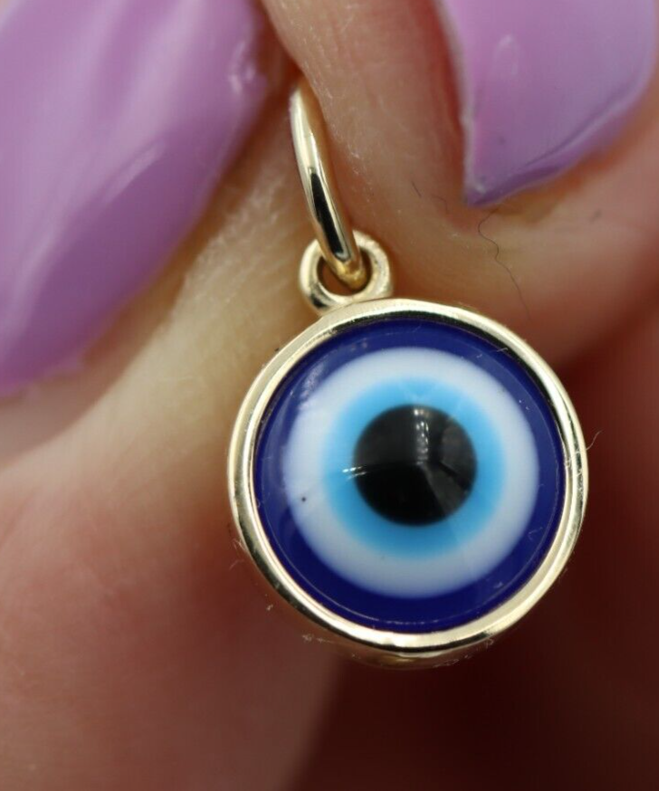 Genuine 18ct Yellow, Rose or White Gold Greek 9mm Mati Nazar Lucky Evil Eye Charm or Pendant