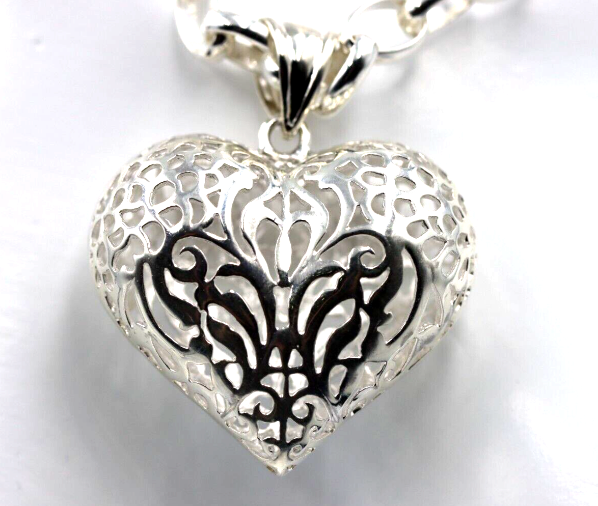 Heavy Sterling Silver 50cm Belcher Necklace & Filigree Heart Pendant