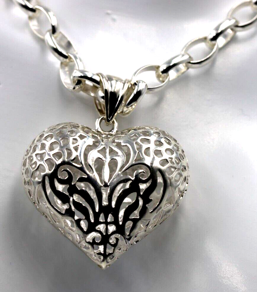 Heavy Sterling Silver 50cm Belcher Necklace & Filigree Heart Pendant