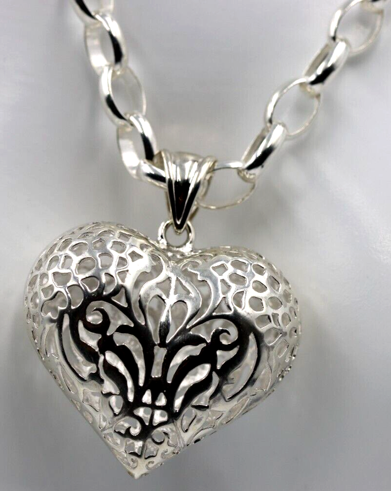 Heavy Sterling Silver 50cm Belcher Necklace & Filigree Heart Pendant