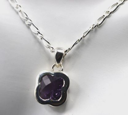 Sterling Silver 925 Clover Amethyst Pendant & 45cm Chain Necklace