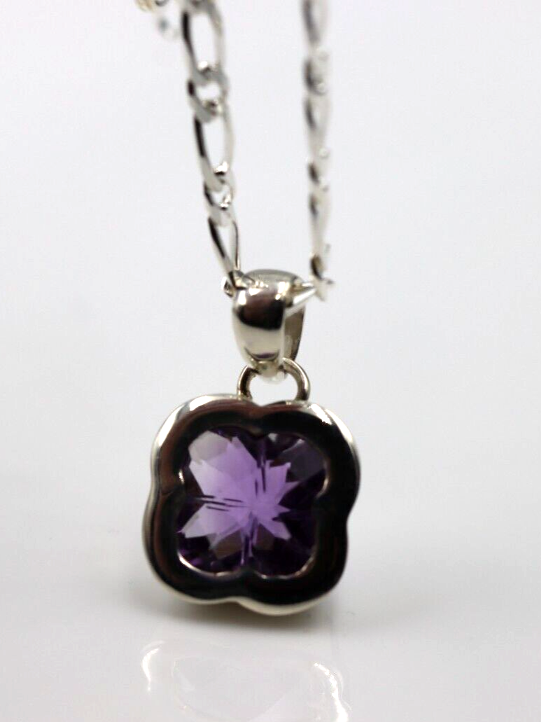 Sterling Silver 925 Clover Amethyst Pendant & 45cm Chain Necklace