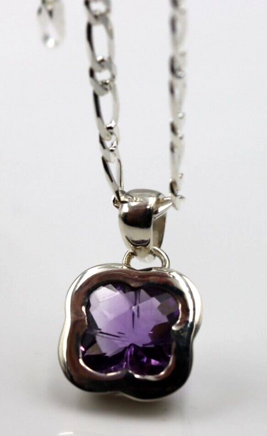 Sterling Silver 925 Clover Amethyst Pendant & 45cm Chain Necklace