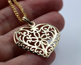 Genuine 9ct Yellow Gold Solid Filigree Heart Pendant & Necklace Chain-Free post