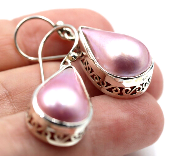 Genuine Sterling Silver Mabe Pink Pearls Teardrop Swirl Earrings *Free post