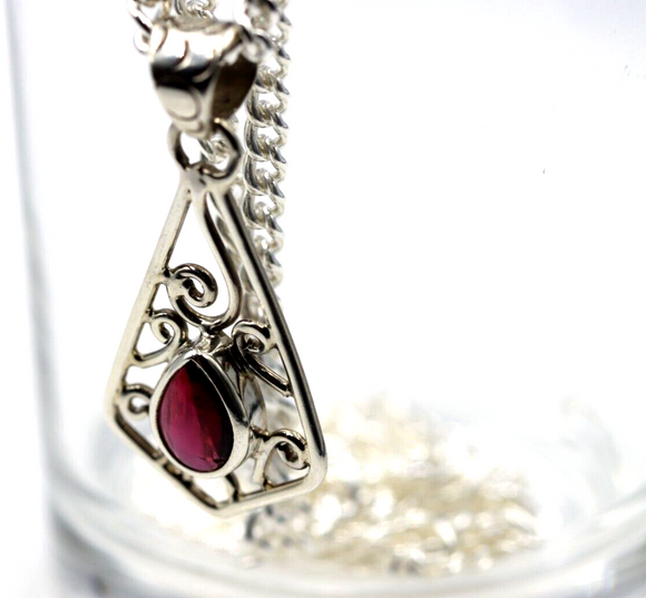 Sterling Silver 925 Cabochon Ruby Swirl Pendant + 55cm Chain/Necklace -Free post