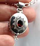 Sterling Silver Oval Garnet Memorial Pendant Locket + Chain / Necklace -Free Post