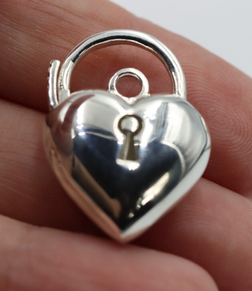 Sterling Silver 925 Bubble Heart Large Padlock Pendant 19.8mm 7.8g