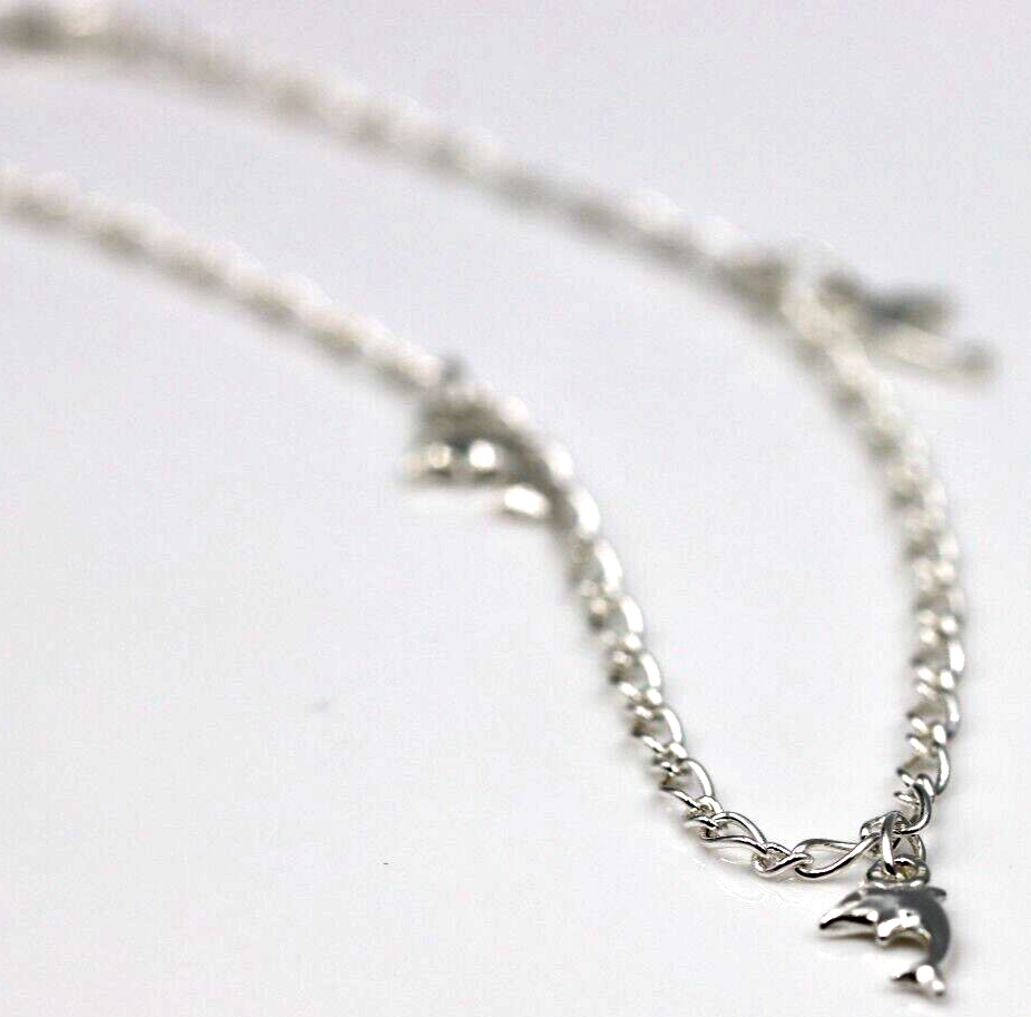 Genuine Sterling Silver 25cm Figaro Anklet + 3 Charm Dolphins