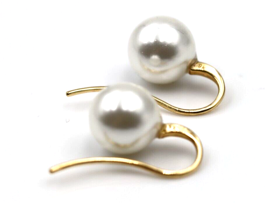 Genuine 9ct Yellow Gold 10mm White Shell Pearl Hook Earrings