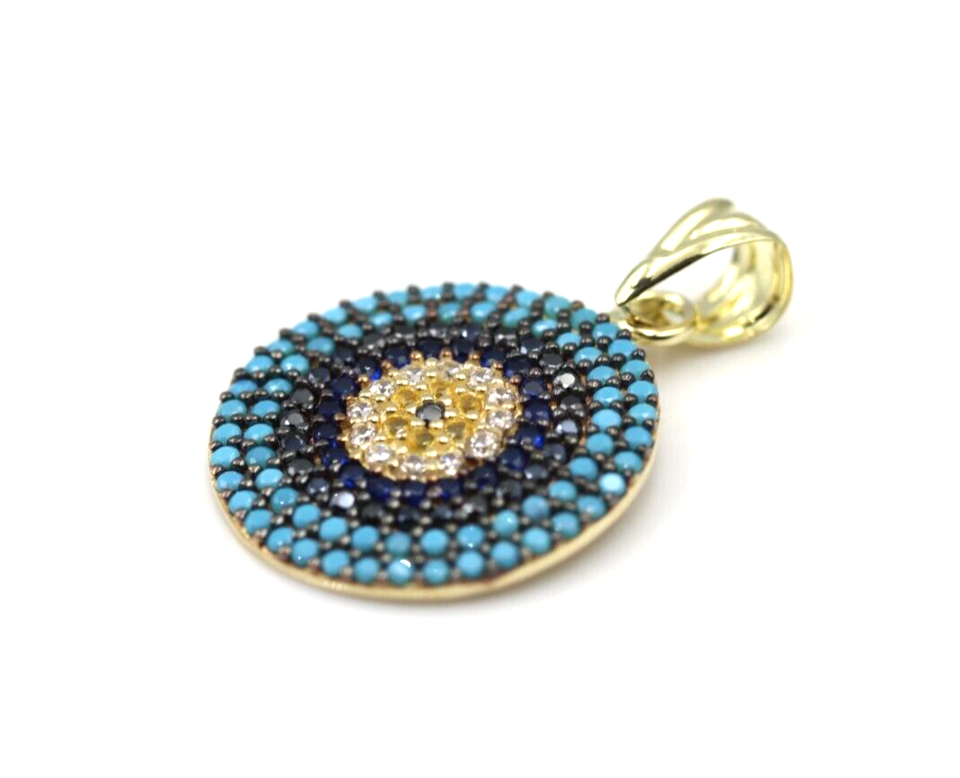 Genuine 14ct Yellow Gold CZ Round Evil Eye Turquoise Pendant -Free post