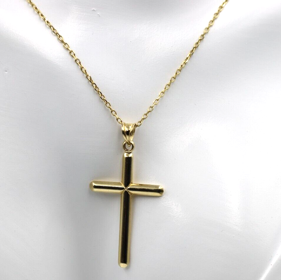 Genuine 14ct 14K 585 Yellow Hollow Gold Cross Pendant + 60cm Necklace-Free post