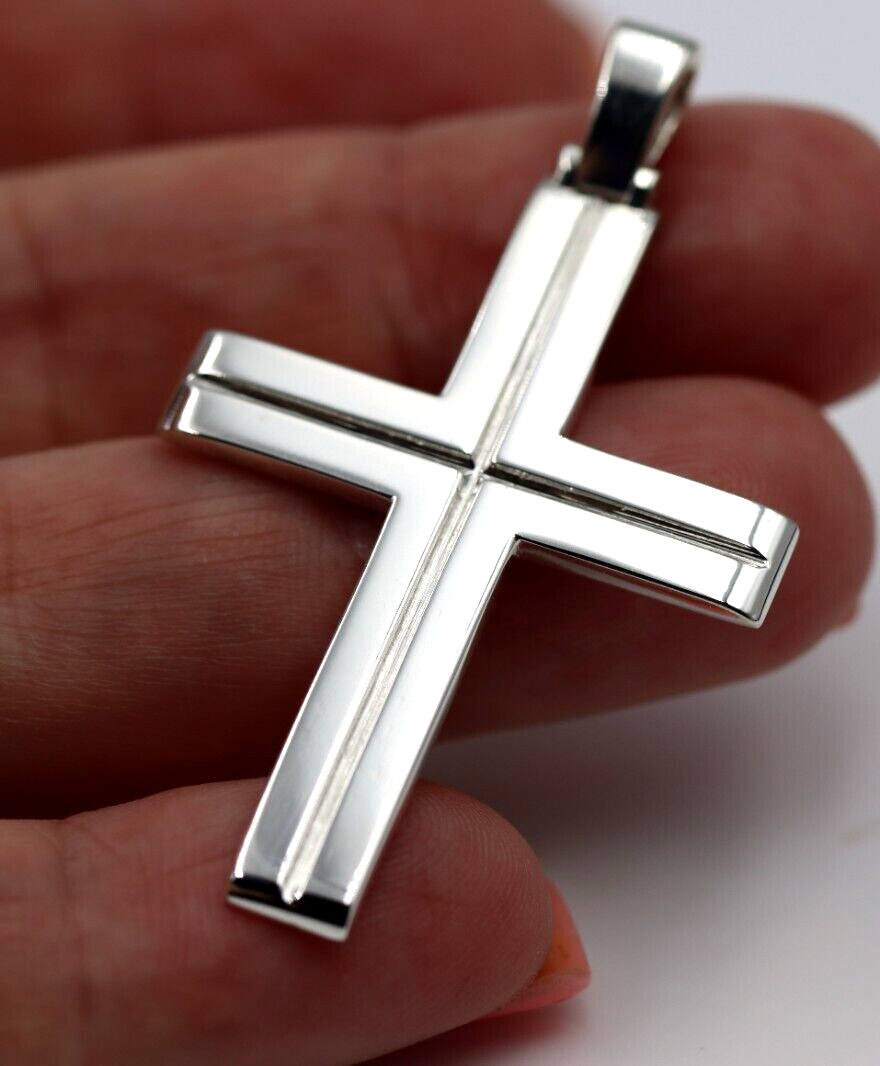 Genuine Large Ridged Sterling Silver 925 Cross Pendant