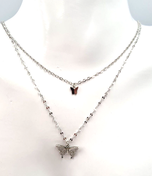 Sterling Silver 925 Layered Butterfly Butterflies Chain Charm Necklace