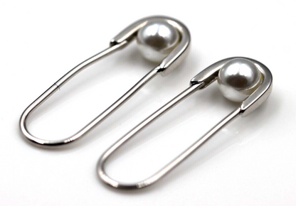 Genuine 925 Sterling Silver Pearl Lock Safety Pin Clip On Earrings