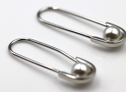 Genuine 925 Sterling Silver Pearl Lock Safety Pin Clip On Earrings