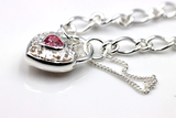 Sterling Silver 925 Heart Padlock (Pink CZ) Figaro Bracelet 19cm - Free Post