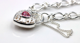 Sterling Silver 925 Heart Padlock (Pink CZ) Figaro Bracelet 19cm - Free Post