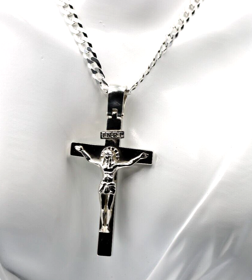 Huge Sterling Silver Full Solid Heavy Crucifix Cross Pendant + Necklace Chain