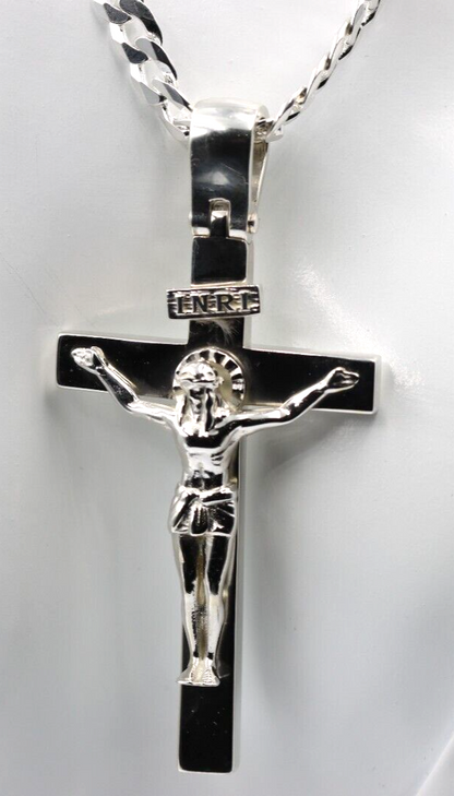 Huge Sterling Silver Full Solid Heavy Crucifix Cross Pendant + Necklace Chain