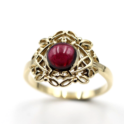 Size R - Genuine 9ct Yellow, Rose or White Gold Round Red Cabochon Garnet Fancy Filigree Ring