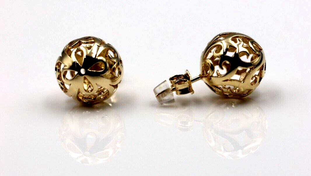 Genuine 9ct Solid Yellow, Rose or White Gold 10mm, 12mm or 14mm Filigree Stud Ball Earrings