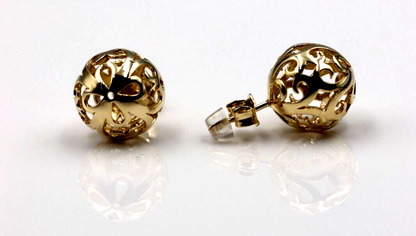 Genuine 9ct Solid Yellow, Rose or White Gold 10mm, 12mm or 14mm Filigree Stud Ball Earrings