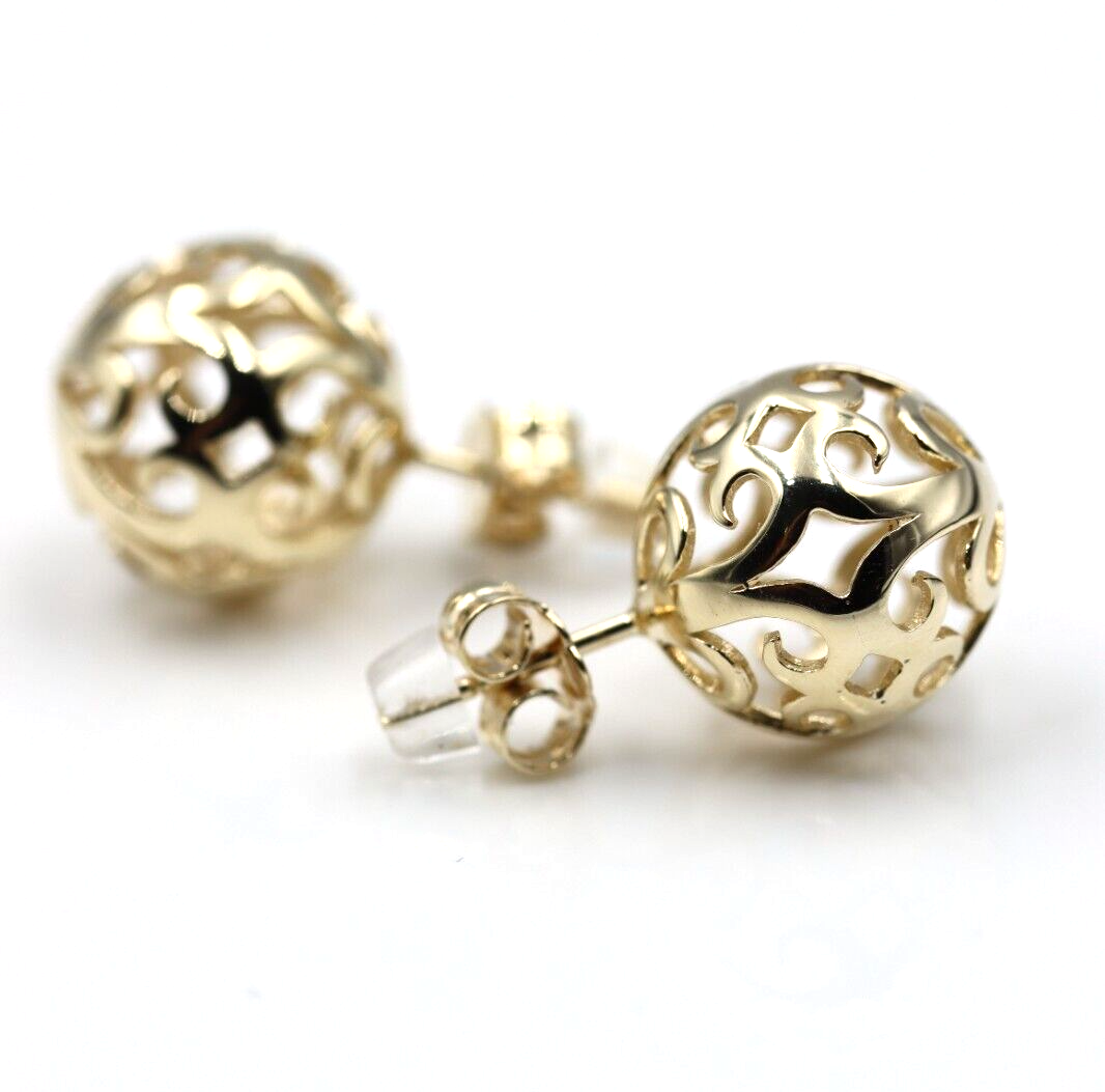 Genuine 9ct Solid Yellow, Rose or White Gold 10mm, 12mm or 14mm Filigree Stud Ball Earrings