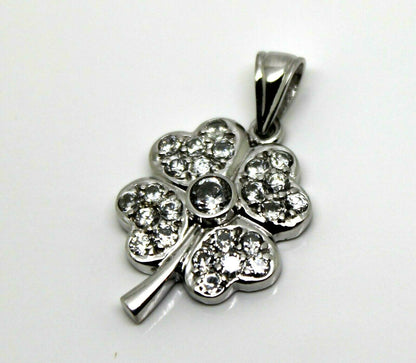 Genuine 9ct 9kt White Gold Cubic Zircon Four Leaf Clover Pendant