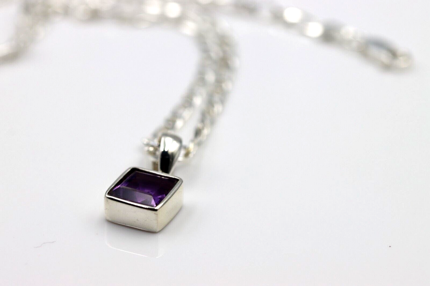 Sterling Silver Square Bezel Set Natural Amethyst Pendant + Necklace