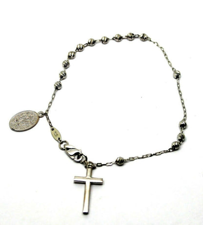 Genuine 18ct 750 White Gold Rosary Beads Cross Bracelet *